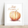 Watercolor painting of orange pumpkin on white background that says Hello Pumpkin